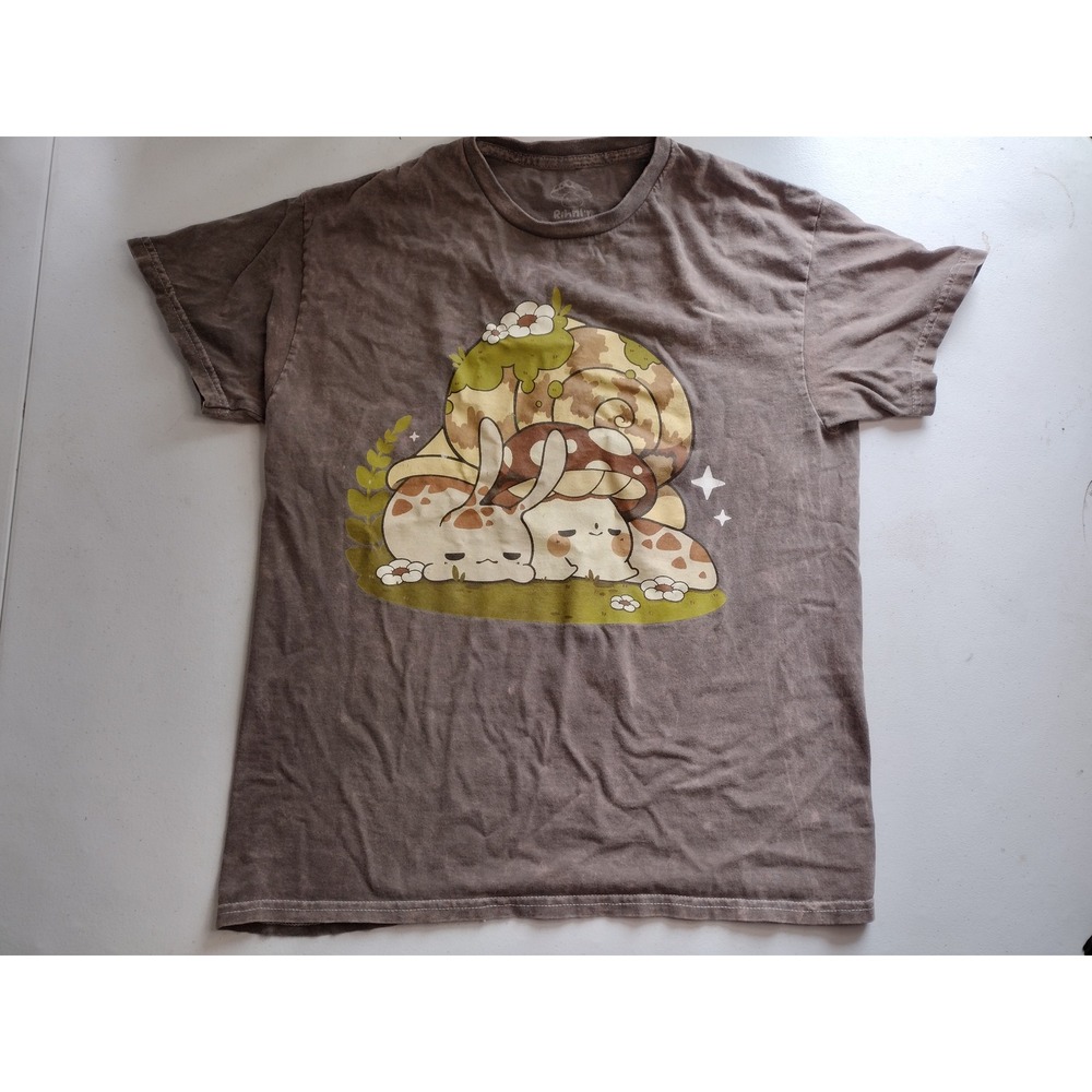 Rihnl'n Brown Graphic Tee‎ Bunny Snail Mushroom Cottagecore Cotton Shirt Medium